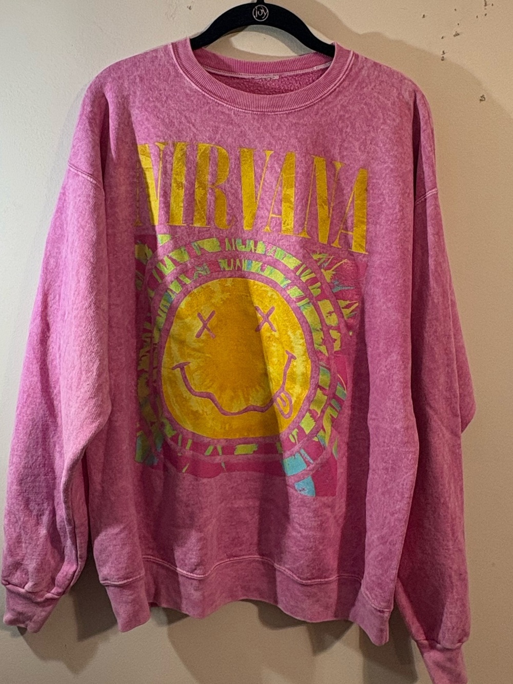 NIRVANA Pink Multicolor Logo Sweatshirt large women’s long sleeve smiley faces